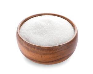 Granulated sugar in wooden bowl isolated on white