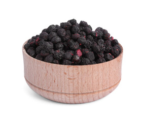 Freeze dried blueberries in bowl on white background