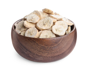Freeze dried bananas in bowl on white background