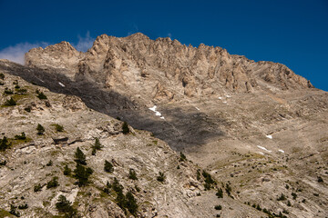 Landscape of the  Olympus Range mountains. View of a high rocky peaks and deep gorges. The highest peak, Mytikas. It is highest mountains in Greece. National Park. World Biosphere Reserve. Europe.