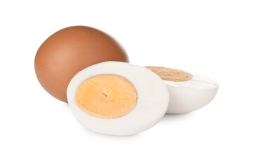 Fresh hard boiled eggs on white background