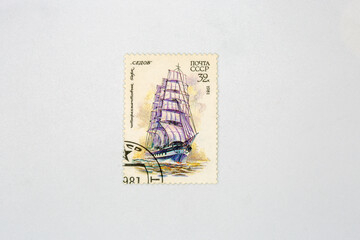 Old collectible stamp of the USSR Post with barque Sedov