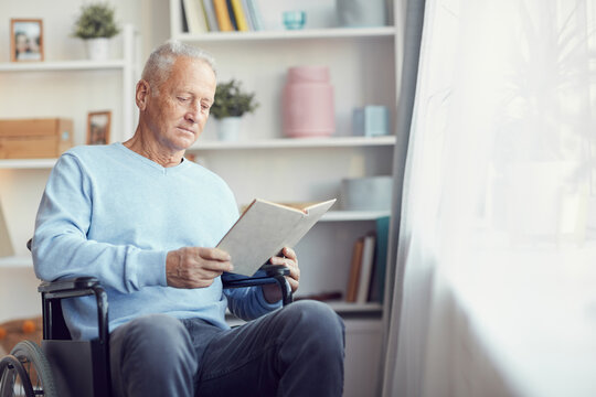 Serious Handsome Senior Man In Light Blue Sweater Sitting In Wheelchair And Reading Book In Living Room