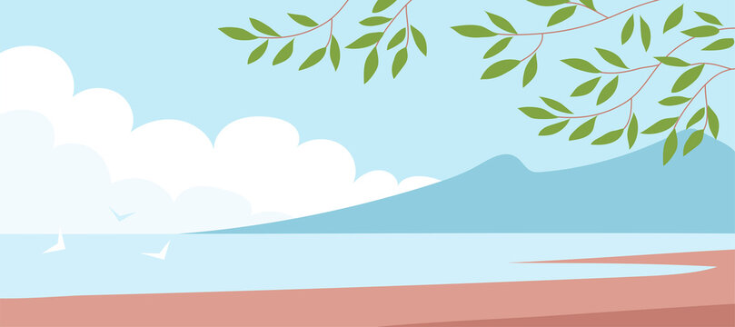 Seascape with coast and mountains. Tree branch. Wild beach. Summer sea. Beautiful nature. Flat vector illustration background