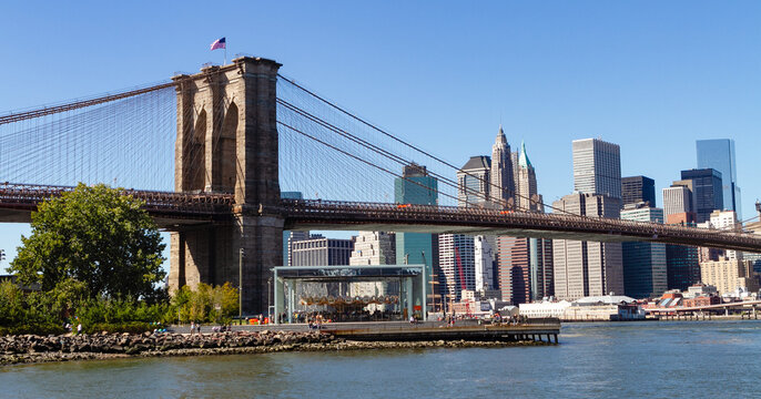 View of the Brooklyn Bridge with lower Manhattan in the distance