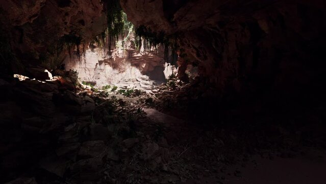 cave in an extinct volcano covered with grass and plants