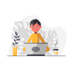 Young male character writing code on a desktop computer, working from home, millennials at work