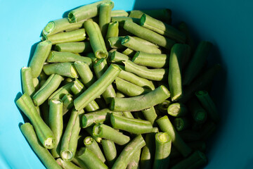 cut pieces of green beans in a pot