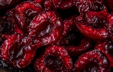 Peeled pitted cherries. Juicy cherry macro photography