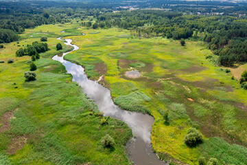  Warta river aerial view, many meanders. Summer time. Jura region near Czestochowa. Silesian Voivodeship. Poland.  