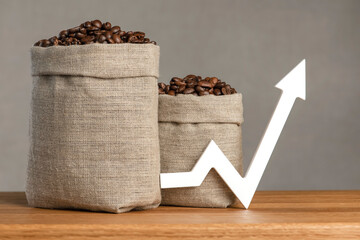 A bag of coffee beans and a chart arrow pointing up. The cost of coffee in the markets of the...