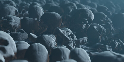 Bunch of Scattered Bones Human Skulls covering dusty ground, death conceptual backgound - 514836779