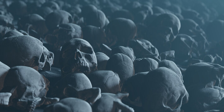 Bunch of Scattered Bones Human Skulls covering dusty ground, death conceptual backgound