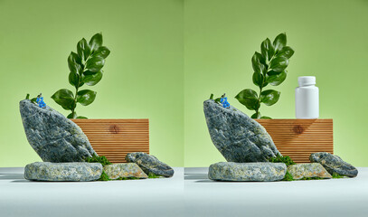 Stone podium with leaves and flowers on a light green background. Tree, stones, green. Natural pedestal for cosmetic products.