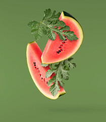 Fresh raw watermelon falling in the air isolated