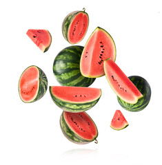Fresh raw watermelon falling in the air isolated