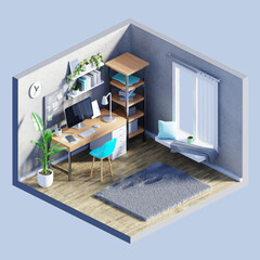 3D rendering of the interior of a cozy stylish workplace in the room. 3D illustration of a home office in a modern apartment decorated with plants, with a computer. Cartoon isometric interior.