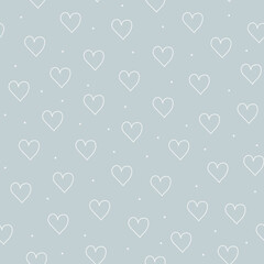 White contour hearts on blue background. Vector seamless pattern. 