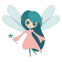 Magic fairy with emerald hair isolated on white background.