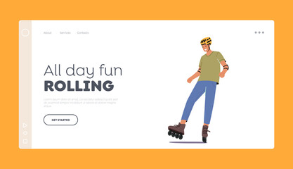 Young Man Wear Helmet Riding Roller Skates Landing Page Template. Modern Male Character Spend Time in Skatepark © Anna Syvak