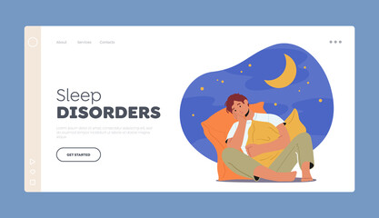 Sleep Disorder Landing Page Template. Addiction of Sleeping Pills. Young Man Character Can not Sleep Sitting on Bed