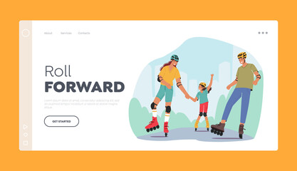 Family Weekend Activity Landing Page Template. Mother, Father and Little Daughter Skating Rollers on Summertime Vacation