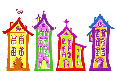 Naklejka premium Hand drawn European old fabled street houses set. Colorful sketch marker art. Like kid`s hand painting cute country or city building. Vector funny bright doodle cartoon simple stroke style