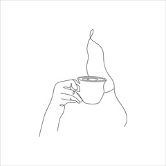 Silhouette of a woman drinking coffee drawn by one line. People sketch. Continuous line drawing art. Vector illustration in minimal style.