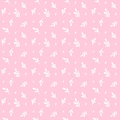 Fototapeta na wymiar Botanical seamless pattern with small white leaves and branches on pink. design of textiles, fabrics, clothing, wallpaper, packaging, interior design, upholstery fabric