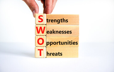 SWOT strengths weaknesses opportunities symbol. Concept words SWOT strengths weaknesses opportunities on blocks on beautiful white background. Business SWOT strengths weaknesses opportunities concept.