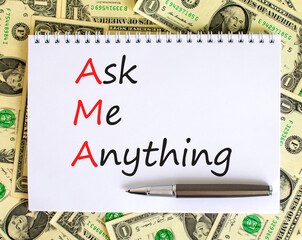 AMA ask me anything symbol. Concept words AMA ask me anything on white note on a beautiful...