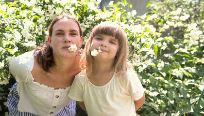 mom and little daughter holding and inhaling jasmine scent amid flowering jasmine bushes in garden in summer. Aromatherapy and Spa concept.natural eco product. stress relief - obrazy, fototapety, plakaty