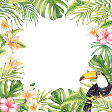 Watercolor frame with the image of a toucan and exotic plants highlighted on a white background. An illustration for the design of wedding invitations, greeting cards, postcards with a place for your 