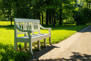 eautiful white wooden historic bench in a shady park on a summer day. Selective focus.