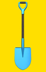 Garden shovel with wooden handle on yellow background, summer camping concept