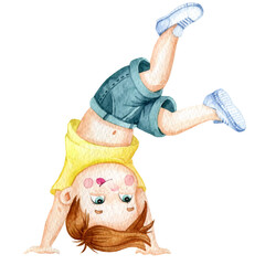 Watercolor kid, playing kid, primary school kid, cute boy having fun