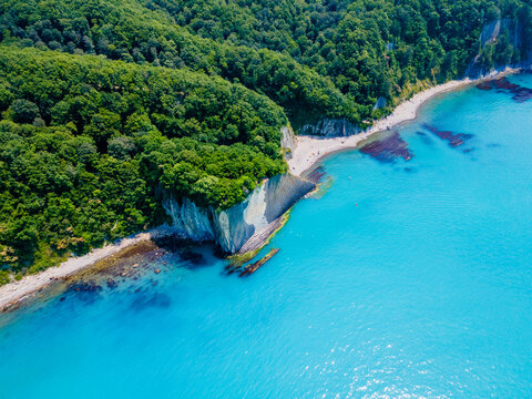 Beautiful view on Black Sea coast. The Kiselev Rock, Tuapse Russia. Drone view of rocks, nature, sea and water
