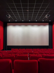 Cinema Screen  And Red Seats. Empty Screening Theater