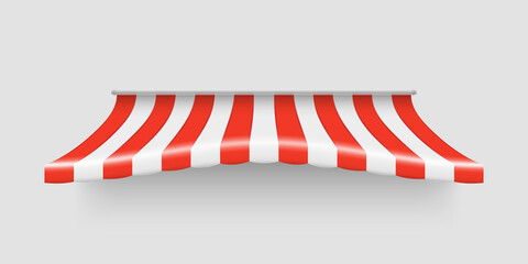 Realistic detailed 3d color awning for store, grocery shop, market and cafe. Retro red sunshade tent