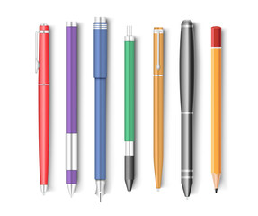 Set of pen, pencil and stylo equipment for writing in school or office. Plastic and metal pen tools