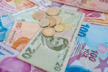 Fototapeta na wymiar Various Turkish Lira Banknotes And Coins. Turkish Money