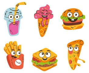 Fast food characters isolated set. Vector graphic design illustration