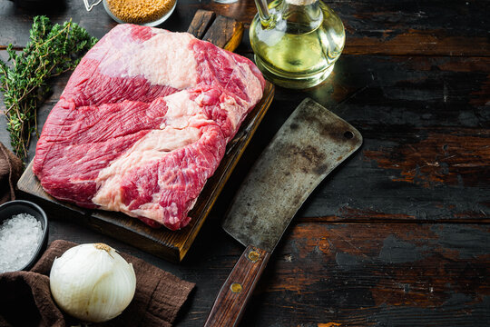 Point Brisket, Raw Beef Brisket Meat,with Ingredients For Smoking  Making  Barbecue, Pastrami, Cure, On Old Dark  Wooden Table Background,  With Copy Space For Text