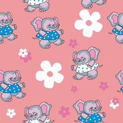 Vector seamless pattern for fabric and paper with elephants and flowers on pink background. Drawing for fabric, textiles, children's clothing, wallpaper.