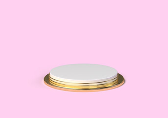 Realistic 3D rose gold pedestal with golden glass ring frame over pink pastel nature background. Empty display stand for presenting cosmetic products. fashion magazine vector illustration.