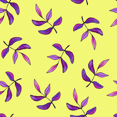 Seamless watercolor pattern. Watercolor purple leaves on a yellow background. Textile print. Yellow background. Watercolor purple leaf pattern. 