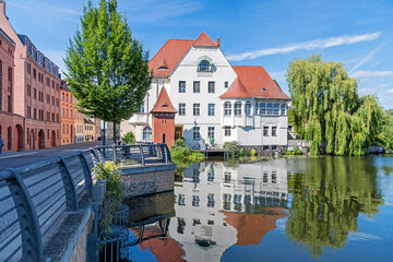 Brandenburg City Canal, Main water level gauge and the villa of the Havelmuehle in Brandenburg an...