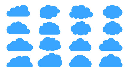 Cloud blue icon set. Cloudscape sky weather symbol. Heaven sign. Graphic weather symbol clouds icon for text, design web service. Cloud web site app logo design. Vector illustration isolated on white