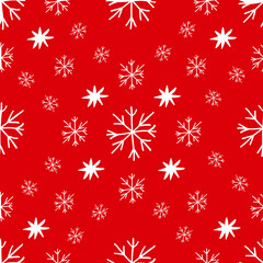 Naklejka na ściany i meble Vector illustration of seamless pattern with white snowflakes of different sizes on red surface as abstract background
