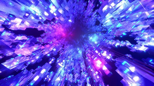 flight through hi-tech technology tunnel with camera shake. Neon light and mist, sci-fi constructions, mysterious 3d objects and hologram. Fly through technology cyberspace. 3d almost looped 4k bg